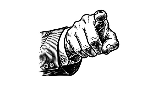 Vintage engraving of a pointing hand gesture with a formal suit sleeve detail