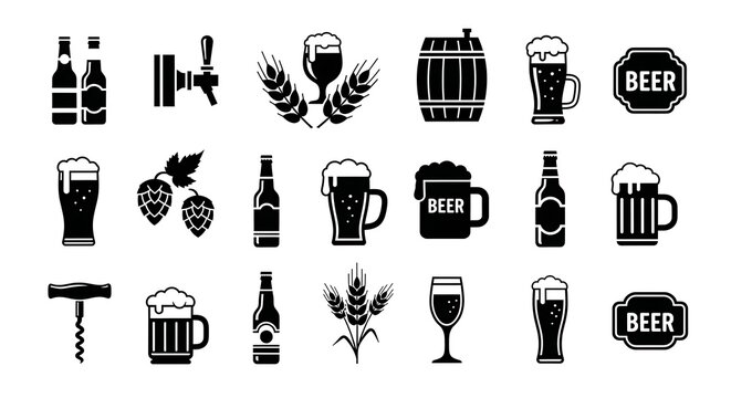 Variety of beer related icons including glasses bottles hops and kegs in black and white