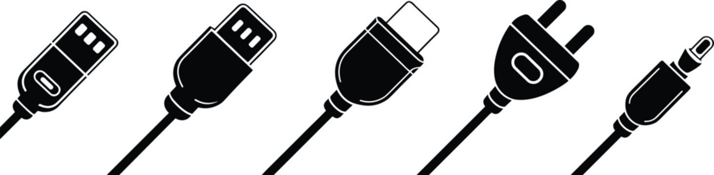 USB Cable Connector Collection, Electronic Charging Plug Vector Illustration Set for Technology Device