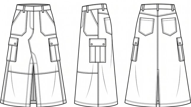 Women's Cargo Maxi Skirt Technical Sketch, Front, Side and Back View Flat Fashion Template