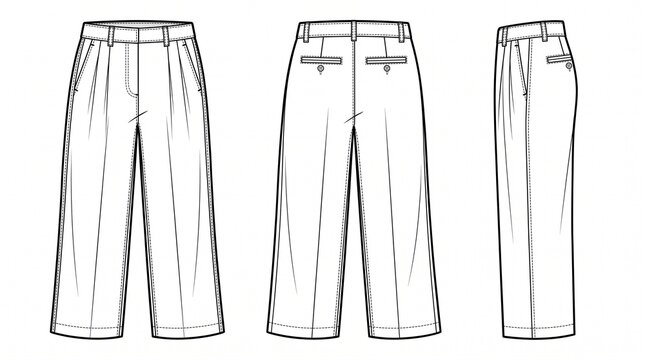 Women's Wide Leg Pleated Trousers Technical Flat Sketch Vector Template