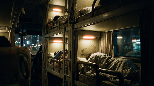 Travelers sleep in dim overnight bus bunk beds with curtains city lights outside windows for budget transport long distance journey concept night travel rest capsule accommodation scene