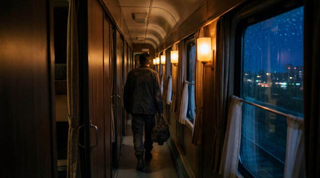 traveler walking through sleeper train corridor at night carrying duffel bag past window with city lights quiet rail journey transit mood overnight transportation for slow travel mood