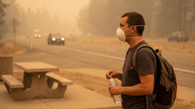 Traveler wearing protective mask stands near smoky road holding water bottle during wildfire haze for air quality safety evacuation resilience concept environmental safety public health travel