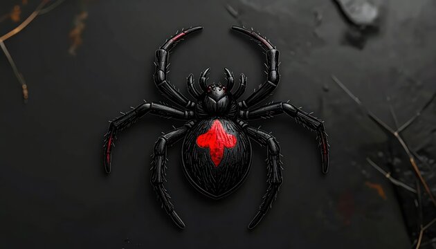 Close-up Macro Shot of a Black Widow Spider with Red Hourglass Symbol.