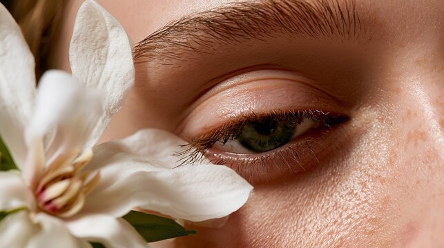 Close up of a person's eye with a white flower petal on the cheekbone