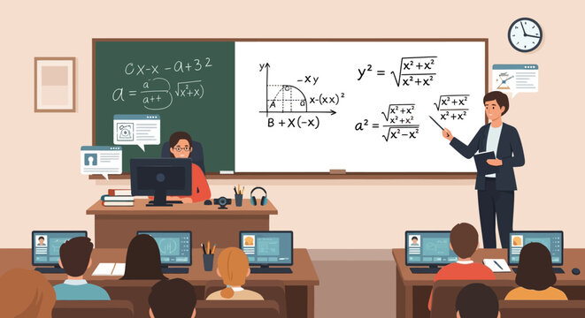Teacher explaining mathematical formulas on a whiteboard in a classroom.