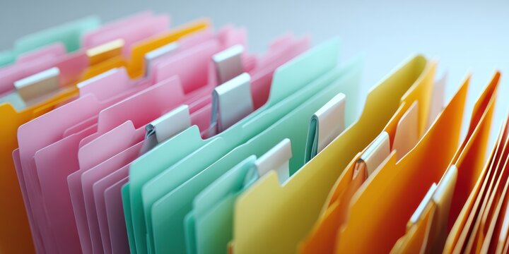 Colorful file folders arranged in a row business organization concept background