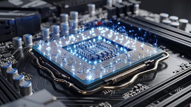 Close-up of CPU on Motherboard with Electrical Energy - A high-performance central processing unit sits on a complex motherboard, illuminated by bright blue electrical energy or light.