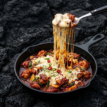  Cheese Buldak 치즈불닭 (fire chicken with cheese) in a black cast-iron pan, chunks of spicy chicken heavily coated in melted, stretchy mozzarella cheese stretching upward, black volcan