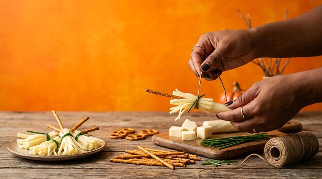 Person making creative cheese and pretzel broomstick snacks