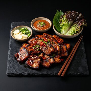 Gochujang Samgyeopsal 고추장 삼겹살 (spicy marinated pork belly) grilled to perfection with charred edges, served on a black stone slab with small side bowls of garlic slices, ssamjang dip, and lett