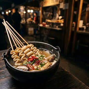 A wide bowl of Kkochi Eomuk Tang (fish cake skewers in broth), multiple folded fish cakes on long wooden skewers resting in a clear umami kelp broth with red chili accents, black ceramic pot, dark moo