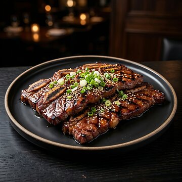 A premium platter of LA Galbi (cross-cut beef short ribs) displaying beautiful grill marks and a sticky soy-garlic glaze, garnished with chopped scallions, on a flat black designer plate, high-end res