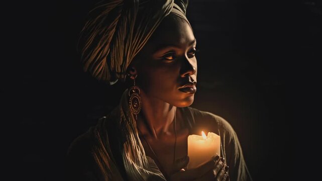Elegant woman holding a glowing candle in a dark room for spiritual ritual