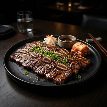 A premium platter of LA Galbi (cross-cut beef short ribs) displaying beautiful grill marks and a sticky soy-garlic glaze, garnished with chopped scallions, on a flat black designer plate, high-end res