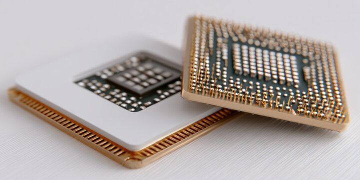 Close up of computer processors showing intricate details against a plain background