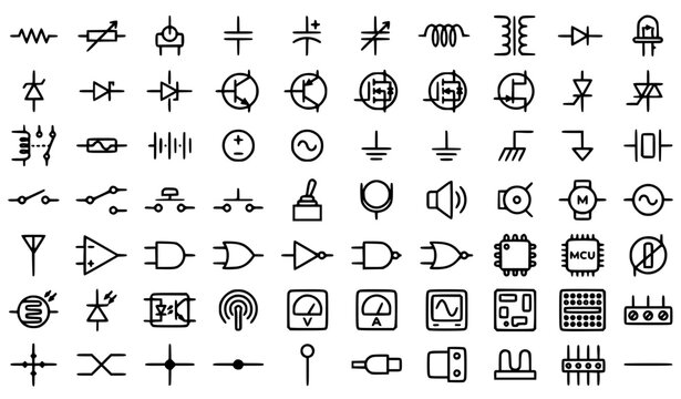 Electronic Circuit Symbols and Electrical Component Line Icon Set with Resistor Capacitor Transistor Diode Switch and Logic Gates for Engineering Schematic Designs
