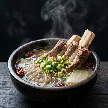 A gourmet bowl of Galbitang (short rib soup) featuring clear, rich beef broth with large tender beef bones protruding, glass noodles, jujubes, and sliced green onions, clear steam rising, deep black b