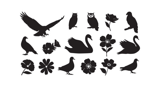 Nature elements set featuring bird silhouettes like eagles pigeons owls and swans along with decorative floral bloom shapes.