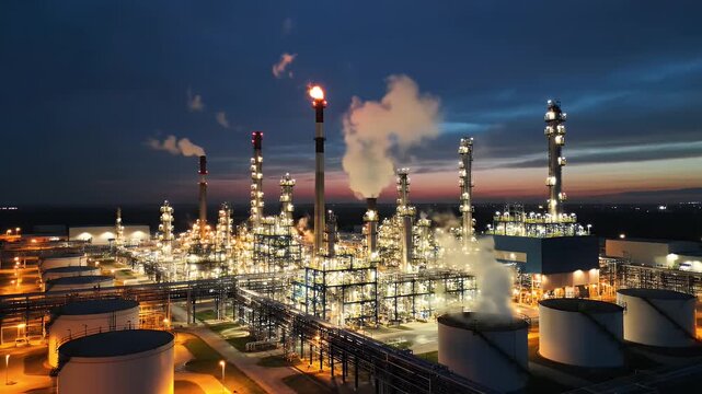 Industrial Refinery Complex at Dusk - An aerial view of a sprawling industrial refinery complex illuminated at dusk, with steam rising from various structures and a prominent flare stack burning