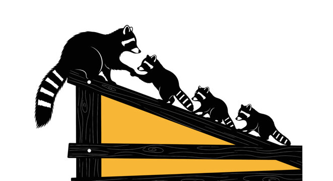 Raccoons climbing on a wooden ramp structure.