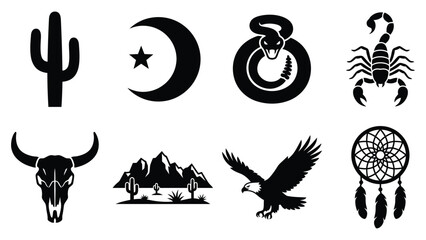 Fototapeta premium Western desert silhouette clipart vector set with cactus, skull, eagle, dreamcatcher, and scorpion