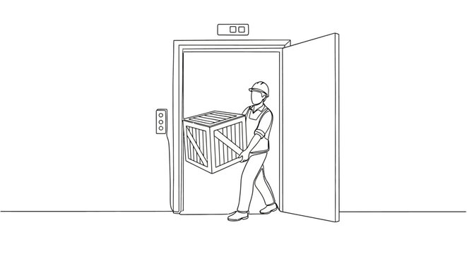 Worker carrying box through open elevator doors.