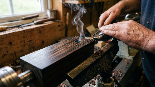 Macro view of Scottish bagpipe maker drilling clean bore into African blackwood ebony lathe wood oil