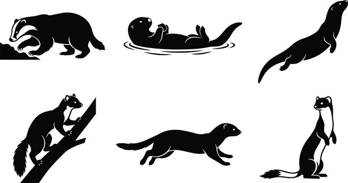 Wild Mustelid Animal Silhouette Vector Set Featuring European Badger Sea Otter Marten Mink Weasel and Ermine Graphic Icons