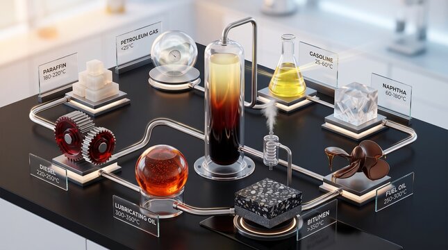 Fractional distillation process diagram showing crude oil separation into various petroleum products and derivatives with temperature labels on a laboratory desk