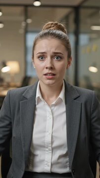 Anxious Young Woman Feeling Stressed and Biting Lip During Corporate Job Interview Process. Vertical video