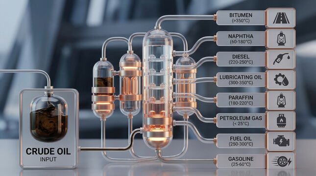 Crude oil refining process infographic showing fractional distillation of petroleum into various fuel products and chemical derivatives in a modern facility