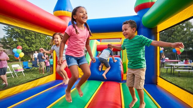 Children playing in inflatable bounce house