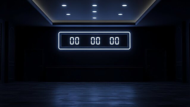 Dark room with neon scoreboard and recessed ceiling lights