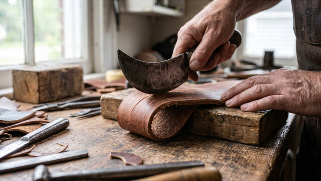 American heritage bootmaker cutting thick leather shoe sole steerhide crescent knife workbench