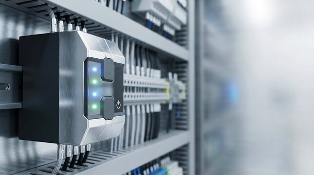 Industrial control unit with illuminated indicators and power button, mounted in electrical cabinet rack, representing automation technology.