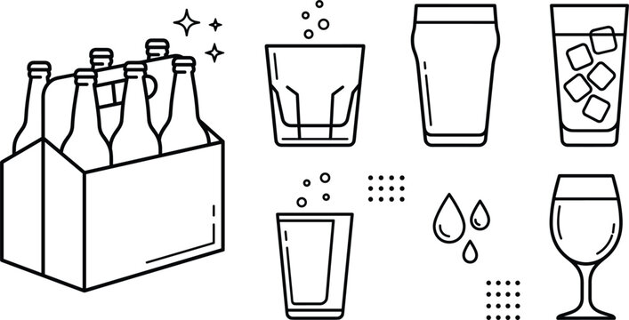 Minimalist alcoholic beverages icon set featuring line art illustrations of six pack bottle carrier glass wine goblet and ice cubes