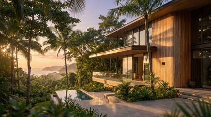 Fototapeta premium Modern luxury villa overlooking tropical ocean bay at sunset with infinity pool, exclusive resort vacation.