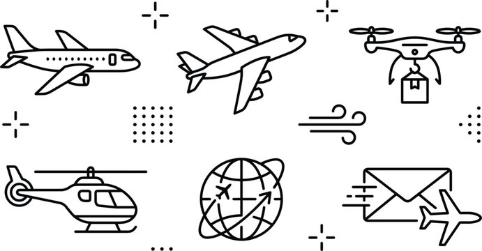 Minimalist aviation and air delivery icon set featuring line art illustrations of airplane helicopter drone globe and airmail