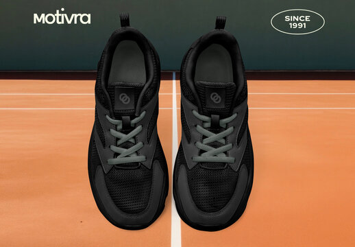 Black Athletic Shoes Mockup On Court PSD