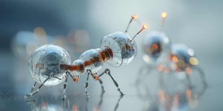 Transparent robotic ant model with glowing elements on reflective surface 3 d render