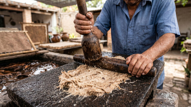 Traditional Mexican paper master beating mulberry bark fiber flat volcanic stone amate paper