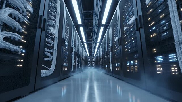 Futuristic Data Center Server Room Corridor - A long, narrow corridor of a modern data center, lined with rows of server racks.