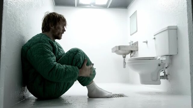 A medium shot of a depressed man wearing a green quilted safety smock rocking back and forth in a white solitary confinement cell. Mental health and prison isolation concept
