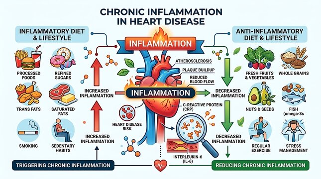 Chronic inflammation in heart disease infographic with lifestyle factors