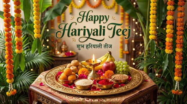 Happy Hariyali Teej festival celebration background with traditional puja thali sweets and marigold flower garlands
