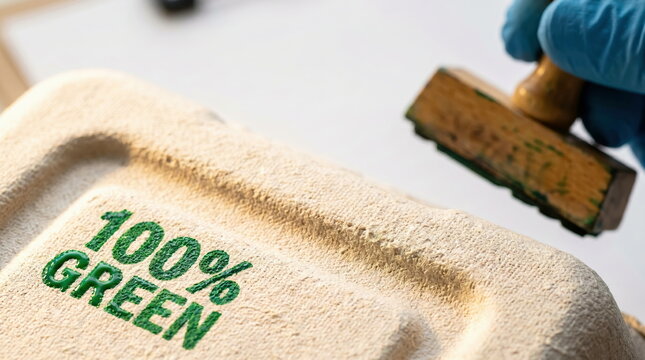 Sustainable packaging featuring 100% GREEN text stamped by gloved hand, promoting eco-conscious product certification.
