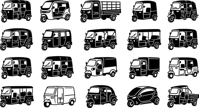 Auto Rickshaw Vector Icon Set, Tuk Tuk and Three Wheeler Transport Collection in Black and White Isolated on White Background
