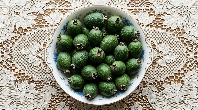 A bowl filled with green feijoas sits on a white lace tablecloth indoors.